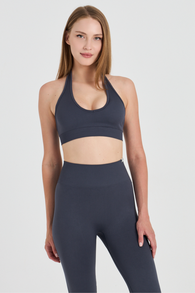 Toparlayıcı Destekli Boyundan Geçmeli Fit Kadın Spor Bra M/L - Füme